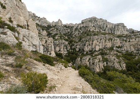 View of limestone rock formations in Calanques National Park near Marseille city. Bouches du Rhone department. France. Europe.