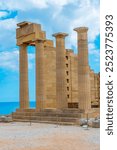 View of Lindos Acropolis at Greek island Rhodes.