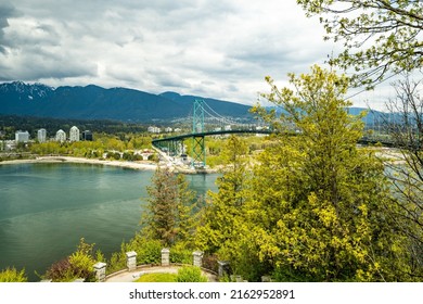 View of the Lions Gate Bridge from Prospect Point Lookout on The Stanley Park Seawall in Vancouver, Canada