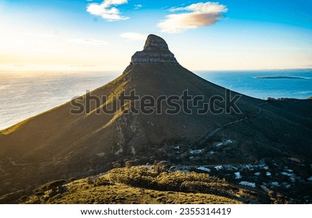 View of Lion's head from Kloof Corner hike at sunset in Cape Town, Western Cape, South Africa