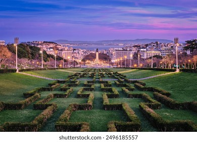 View of Lisbon Marquis of Pombal Square seen from the Eduardo VII Park in the evening twilight. Lisbon, Portugal - Powered by Shutterstock