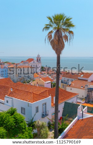 View of Lisbon from the observation deck. A view of the roofs of the houses from a bird's-eye view. Lisabon. Portugal.