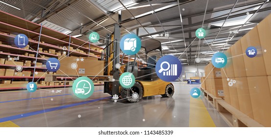 View of a Logistic organisation on a warehouse background 3d rendering - Shutterstock ID 1143485339