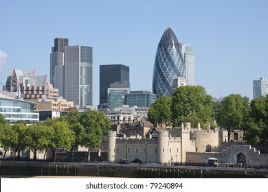 View of London's skyline showing the Gherkin and Tower of London