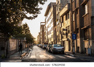 View Of The Lonely Street In The Morning With Sunlight And Shadow,Tehran City Iran.