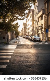 View Of The Lonely Street In The Morning With Sunlight And Shadow,Tehran Iran.