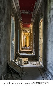 A View Of A Long Corridor Of An Elegant Abandoned Villa Of Nineteenth Century In Italy