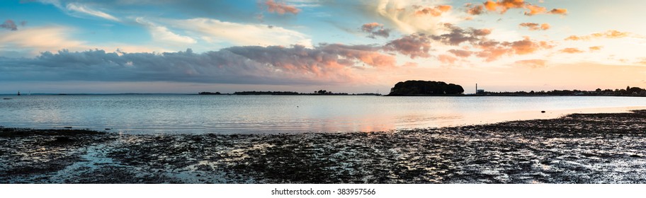 View Of The Long Island Sound From Westport Connecticut At Low Tide And Sunset