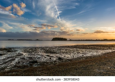 View Of The Long Island Sound From Westport Connecticut At Low Tide And Sunset