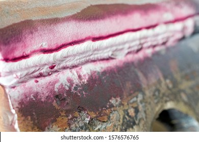 View Of The Longitudinal Crack In The Heat Affected Zone (top Welding Edge) With Liquid Penetrant Testing Method Of The Nondestructive Testing.