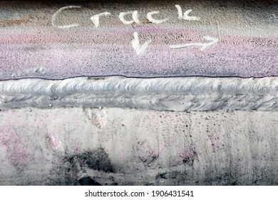 View Of The Longitudinal Crack In The Heat Affected Zone (top Welding Edge) With Magnetic Particle Testing Method Of The Nondestructive Testing After Welding.	