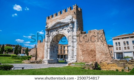A view looking across the Arch of Augustus at Rimini, Italy in summertime