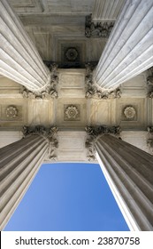 View Looking Up At The Columns Of The United States Supreme Court In Washington DC