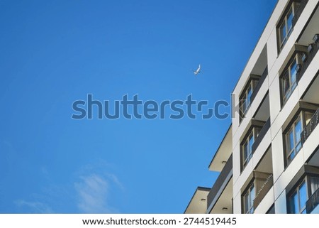 A view looking up at a contemporary apartment complex in Warsaw, Poland. The white facade features large windows and balconies against a vibrant blue sky. A passenger jet is visible flying high over the residential area. This image represents urban development, real estate investment, and city living concepts.