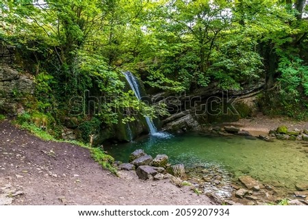 A view looking down onto Janet Foss on Gordale Scar, Yorkshire in summertime