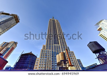 View looking up of the Empire State Building in New York City.