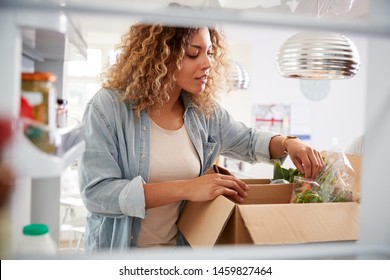 View Looking Out From Inside Of Refrigerator As Woman Unpacks Online Home Food Delivery