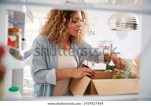 View Looking Out From Inside Of\
Refrigerator As Woman Unpacks Online Home Food\
Delivery