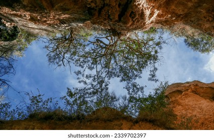 View looking to the sky from inside a cave canyon or rock channel. We see the blue sky between two vegetated rock walls.