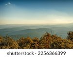 View from a lookout point along Ouachita scenic byway in early morning in November with fall colors; with fog lingering over valleys