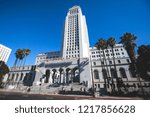 View of Los Angeles City Hall, Civic Center district of downtown LA, California, United States of America, summer sunny day