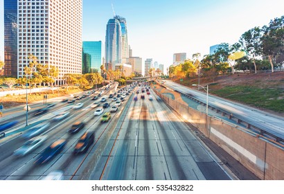 View Of Los Angeles Highway Rush Hour Traffic In Downtown LA