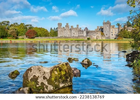 View of Lough Corrib coastline with Ashford Castle in the background. Cong, County Mayo, Ireland