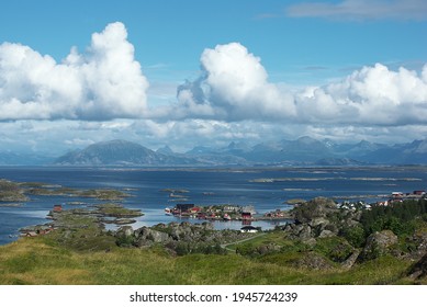 View From Lovund Hills To The Helgeland Archipelago In The Norwegian Sea On Sunny Summer Afternoon. White Clouds Over The Sea