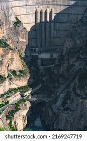 View Of The Lower Part Of The Arch Dam With A Spillway In The Canyon