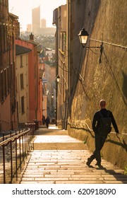 View at Lyon from a charming, narrow alley with stairs in Vieux Lyon, the old town of Lyon.