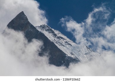 View Of Machapuchre Peak On Annapurna Base Camp (Annapurna Sanctuary) Trek In Himalayas, Nepal. Shiny Slope Covered With Ice.