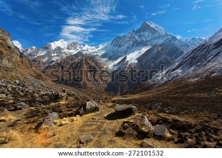 View of Machhapuchchhre mountain - Fish Tail in English is a mountain in the Annapurna Himalya, Nepal