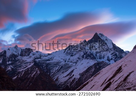View of Machhapuchchhre mountain at sunset - Fish Tail in English is a mountain in the Annapurna Himalya, Nepal