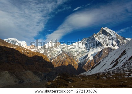 View of Machhapuchchhre mountain at sunset - Fish Tail in English is a mountain in the Annapurna Himalya, Nepal