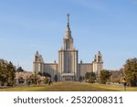 View of the main building of Moscow State University. A beautiful high-rise building with a spire. Architectural dominant and landmark of Moscow. Vorobyovy Gory, Moscow, Russia.