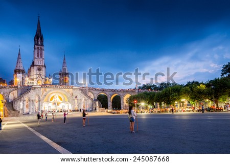 View of the main Church in Lourdes at sunset, France