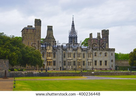 View of Main range of Cardiff Castle in Cardiff in Wales of the United Kingdom. Cardiff is the capital of Wales. 