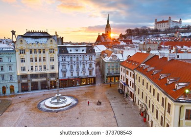 View of the main square and the old town from the tower of the city hall, Bratislava, Slovakia.