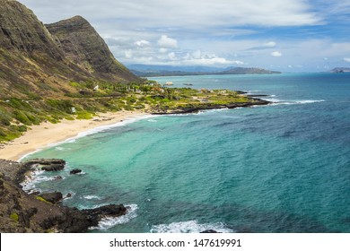 View of Makapuu Beach and the Koolau Mountains looking towards Waimanalo Bay on Oahu, Hawaii