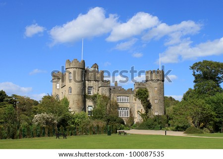 A view of Malahide Castle showing three turrets.