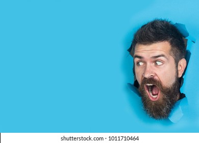 View of male face through hole in blue paper. Surprised bearded man making hole in paper. Cute attractive man looking through hole. Copy space for advertising, to insert text or slogan. Discount, sale