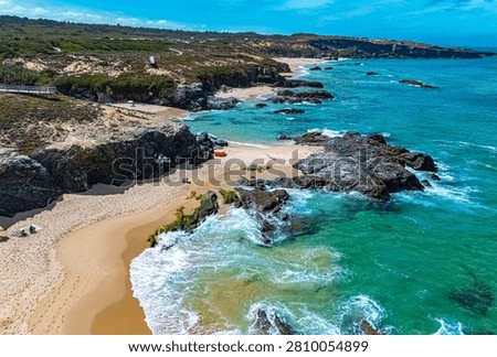 View of the Malhao beach in Vila Nova de Milfontes, Alentejo, Portugal.