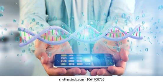 View of a Man holding a 3d rendering data coded Dna with binary file around
