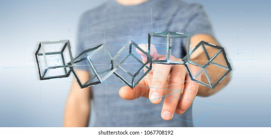 View of a Man holding a 3d rendering blockchain cube isolated on a background