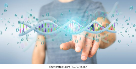 View of a Man holding a 3d rendering data coded Dna with binary file around