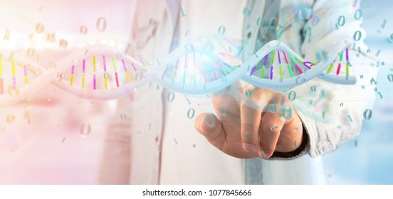 View of a Man holding a 3d rendering data coded Dna with binary file around