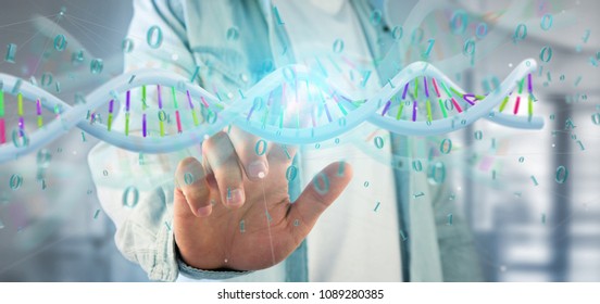 View of a Man holding a 3d rendering data coded Dna with binary file around