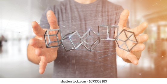 View of a Man holding a 3d rendering blockchain cube isolated on a background