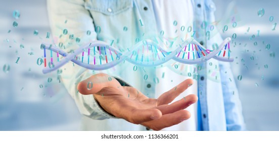 View of a Man holding a 3d rendering data coded Dna with binary file around