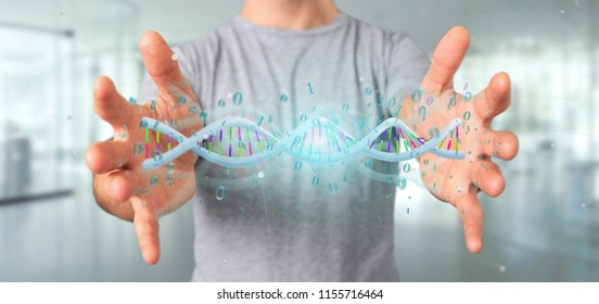 View of a Man holding a 3d rendering data coded Dna with binary file around